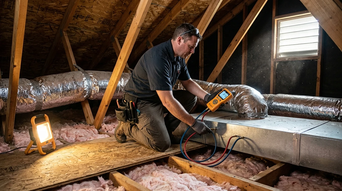 HVAC technician inspecting attic ductwork during a system assessment