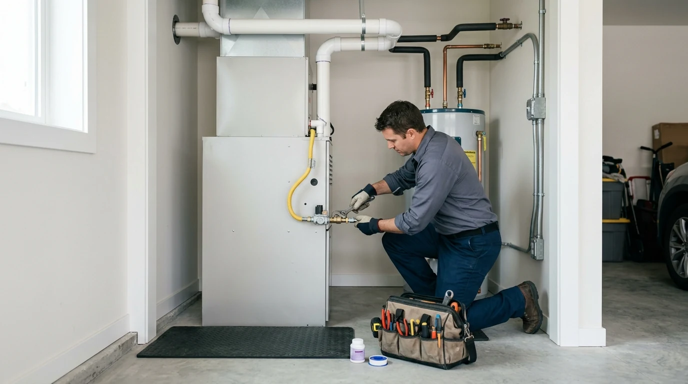 HVAC technician connecting gas piping to a newly installed residential furnace in a garage utility closet