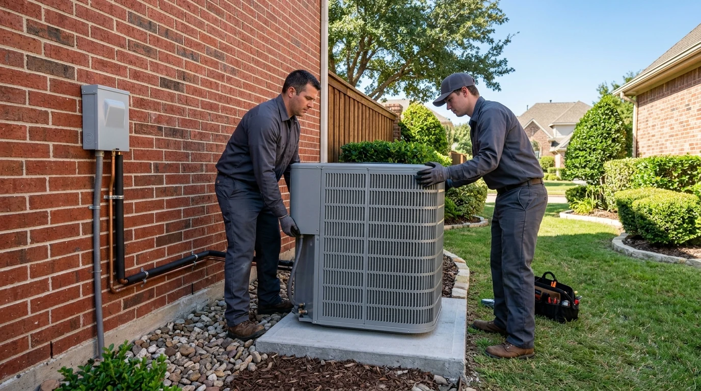 HVAC installers positioning a new condenser at a Frisco, Texas home