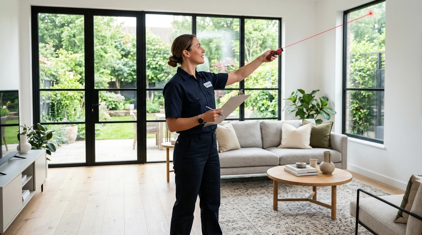 HVAC technician surveying a large sunlit window during a home cooling load calculation in Frisco, Texas