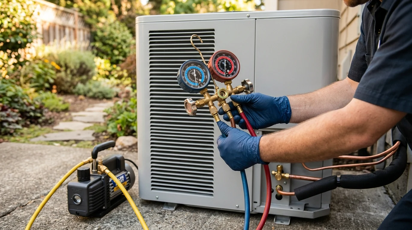 Technician connecting refrigerant manifold gauges and a vacuum pump to a newly installed air conditioning condenser